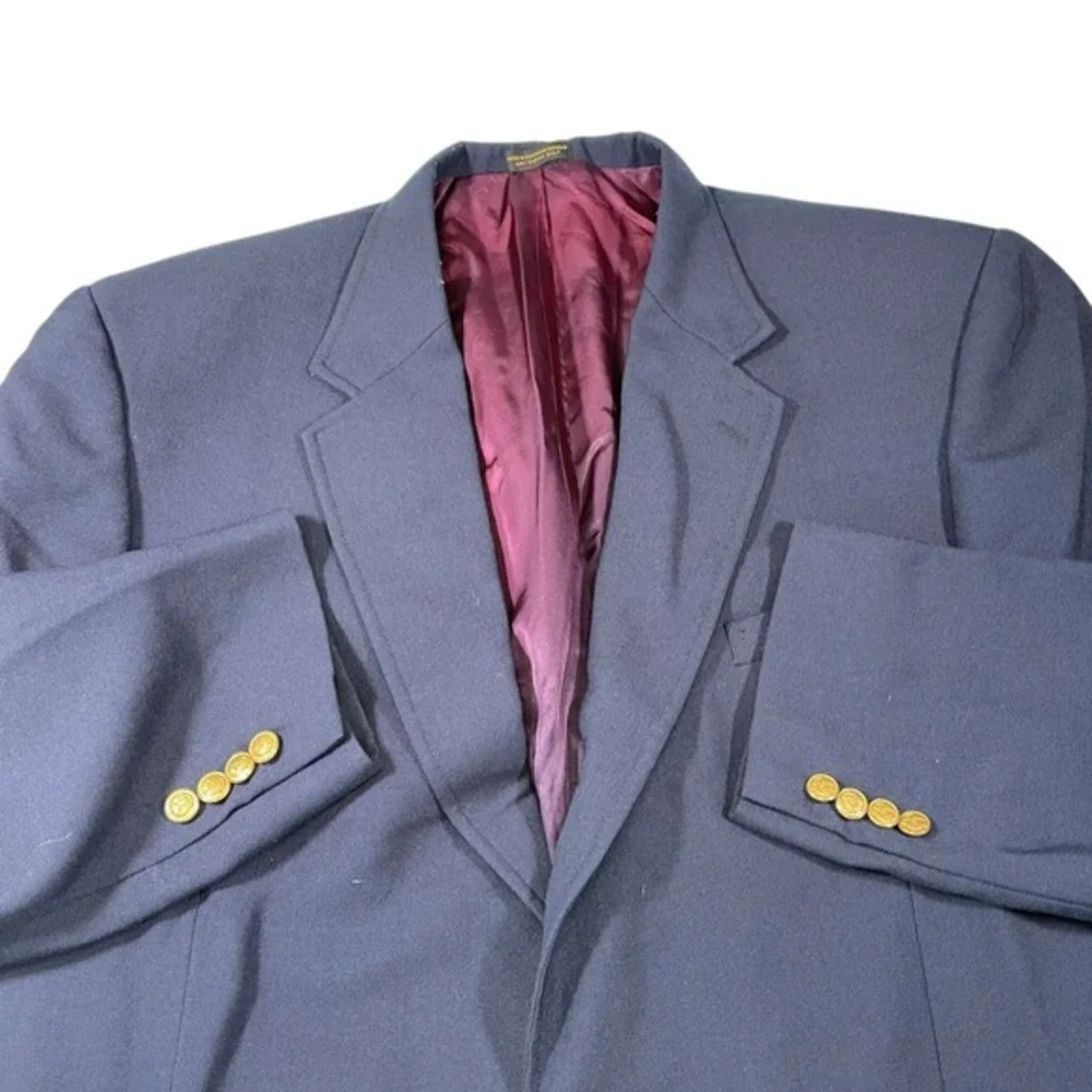 Andhurst 46L Navy Blue Blazer Gold Crest Buttons Wool Blend Preppy Dark Academia
